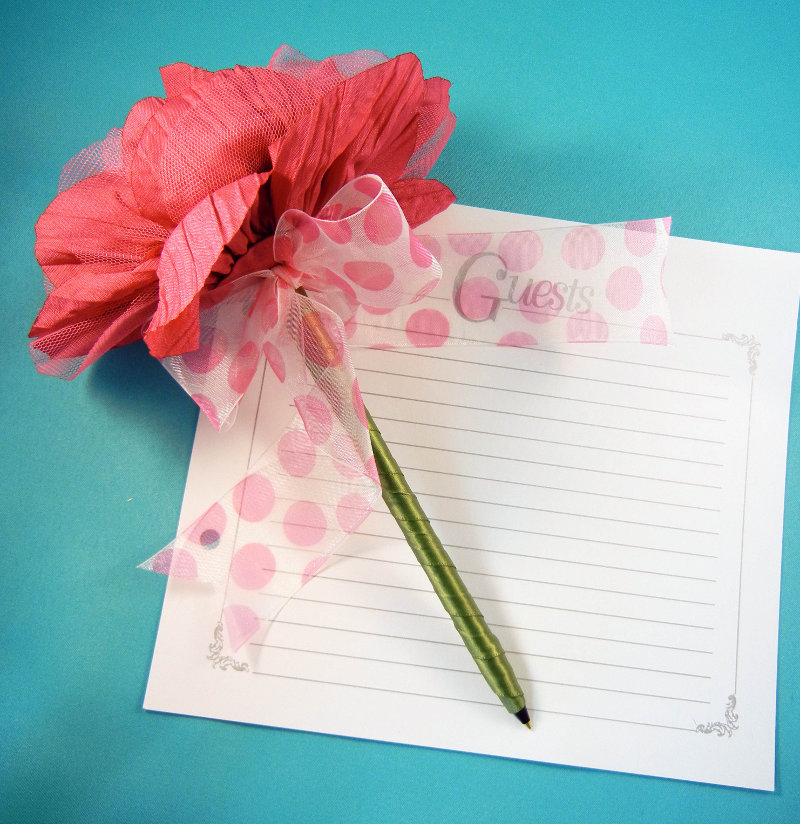 Hot Pink Fabric Flower Pen w/Pink Polka Dot Ribbon
